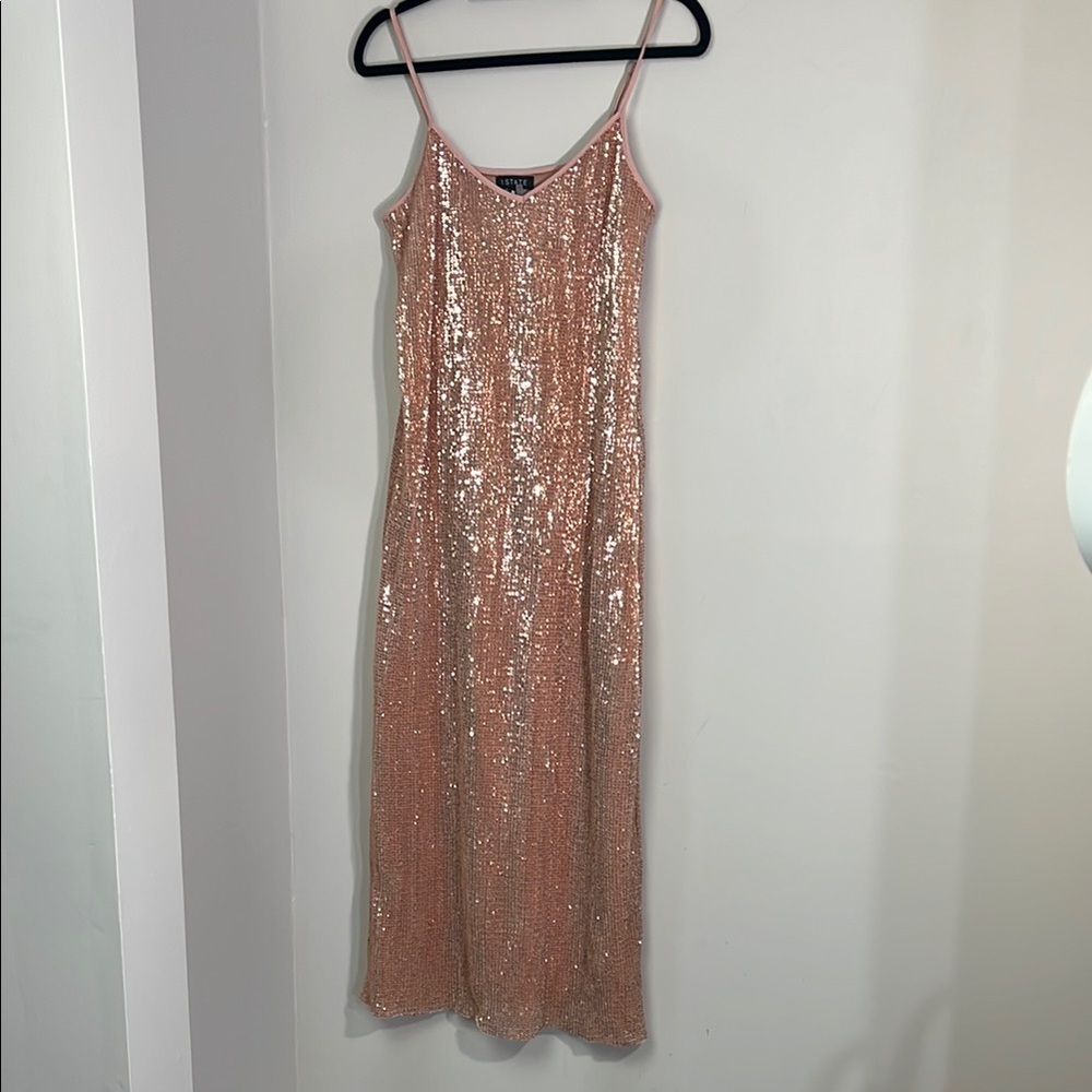 1. State Pink Sequin Embellished Sheath Midi Dress